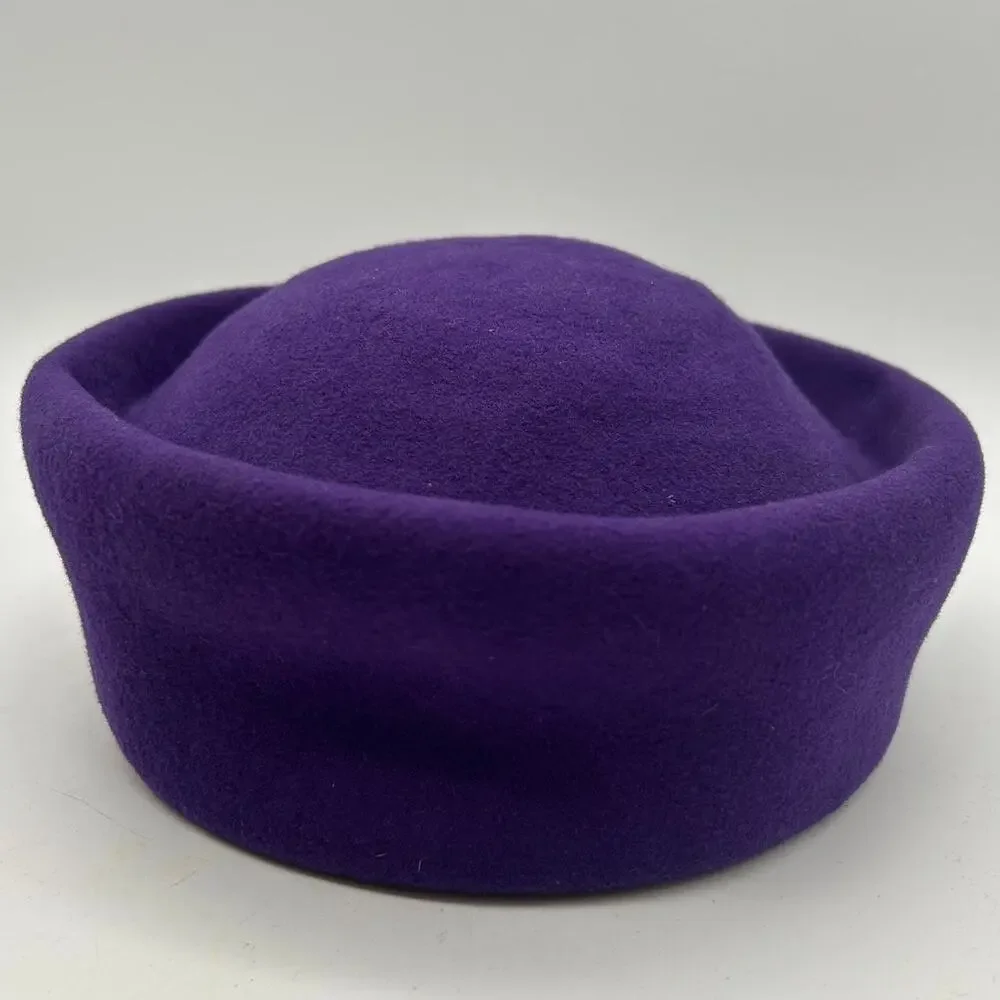 Vintage 80s Purple Wool Felt Pillbox Hat Olive Velvet Rosette Flowers 56cm Sz M - Picture 10 of 13